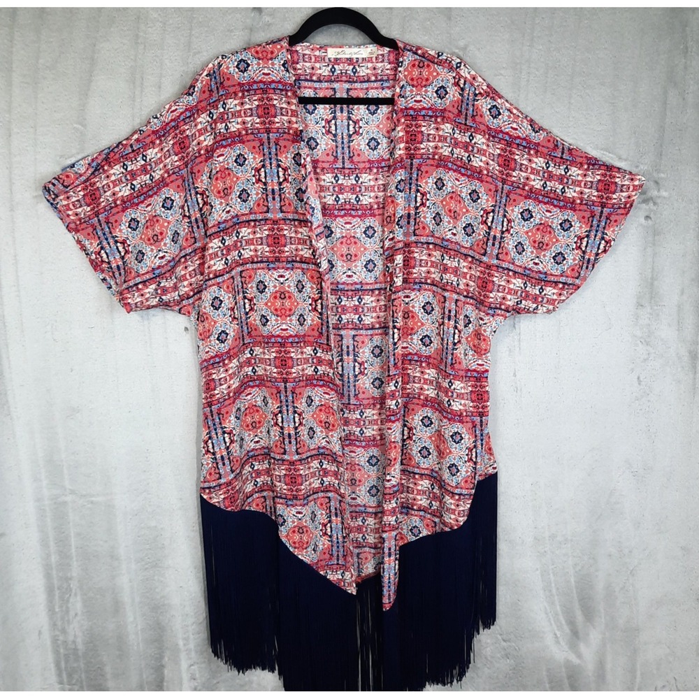 Liberty Love Floral Kimono Coverup Duster Cardigan Womens XL‎ Fringe Boho Artsy